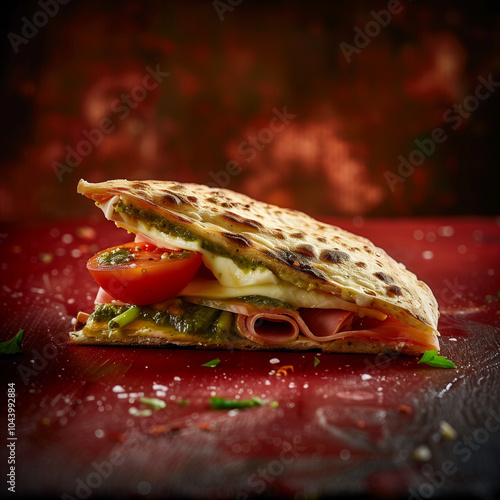 Photoshoot of a piadine (Italian sandwich), tomato, aragula salad, mozarella, pesto, parme's ham, depth of field photo