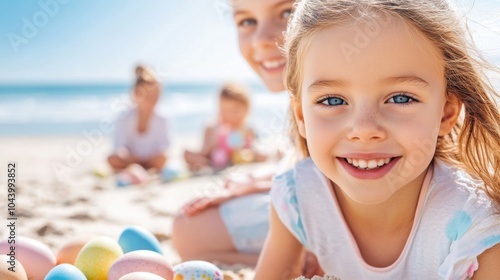 Smiling children enjoy a sunny day at the beach, playing with colorful Easter eggs, AI