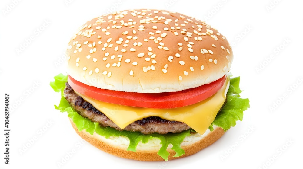 Close-up of a classic cheeseburger with lettuce, tomato, and cheese. Close-up of a classic cheeseburger with lettuce, tomato, and cheese.