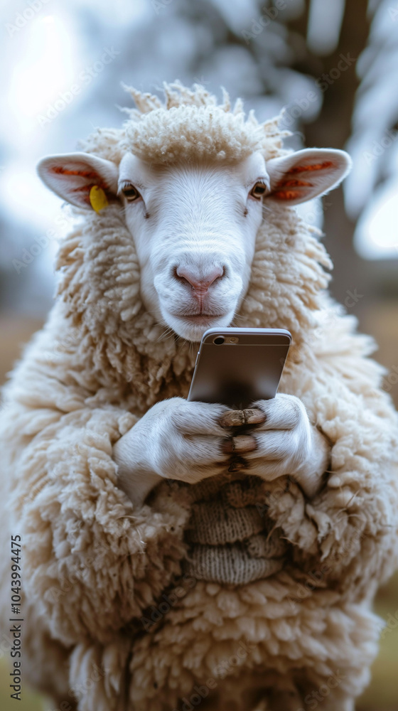 Sheep holding a smartphone in a field.
Sheep holding a smartphone in a field.