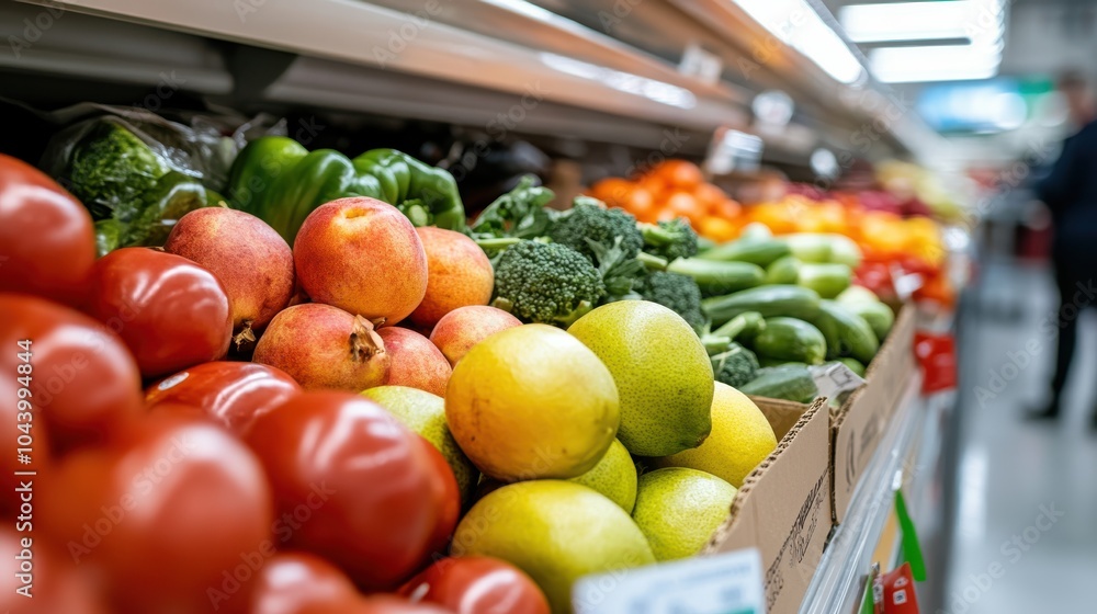 A lively assortment of peaches, lemons, and green peppers arranged on a market shelf, exemplifying the freshness and diversity of produce available to customers. A lively assortment of peaches, lemons, and green peppers arranged on a market shelf, exemplifying the freshness and diversity of produce available to customers.
