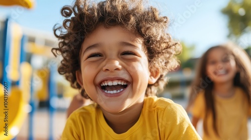 A joyful child laughs with delight while playing outside, basking in the warm sunlight, capturing the essence of happiness and carefree childhood.