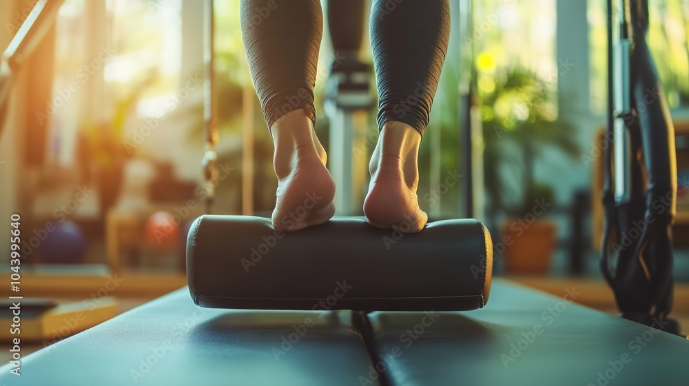 Close-up of feet balancing on gym cylinder Close-up of feet balancing on gym cylinder