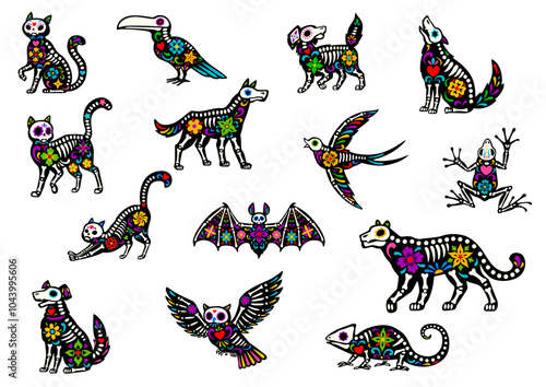 Dead Halloween skeleton, mexican day of the dead animal tattoo with vibrant flowers and traditional art patterns. Vector dia de los Muertos cat, dog, bird and frog, chameleon lizard, puma and bat pets