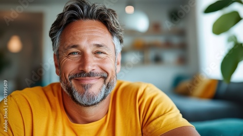 A smiling, gray-haired man is captured in a vibrant yellow shirt, providing a cheerful and contented presence. The cozy home setting rounds out the inviting environment.