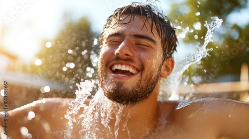 A smiling man revels in the bright, sunlit water dousing him, representing pure joy and freedom, with clear skies in the background indicating a carefree day outdoors. photo