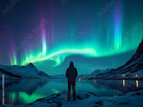 Person admiring the Aurora Borealis, Northern lights over snowy landscape, natural wonder night sky