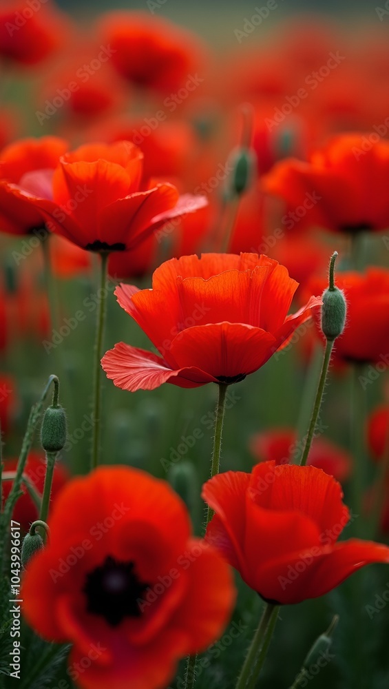 Obraz premium Vibrant red poppies in a lush green field striking and dynamic floral background