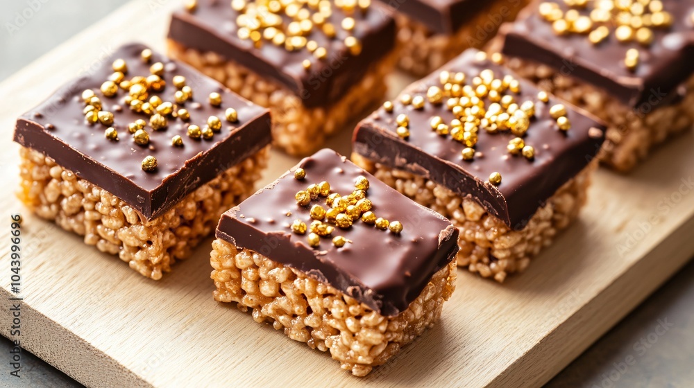 Rice Krispies Treats dipped in dark chocolate, isolated on a light wooden board, decorated with gold sprinkles and chocolate shavings Rice Krispies Treats dipped in dark chocolate, isolated on a light wooden board, decorated with gold sprinkles and chocolate shavings
