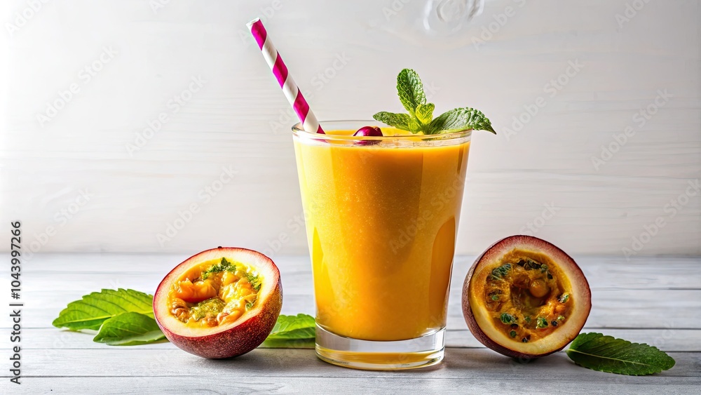 Fototapeta premium Mango Passionfruit Smoothie - Aerial View of a Vibrant Orange Drink with Garnish for Refreshing Beverage Photography