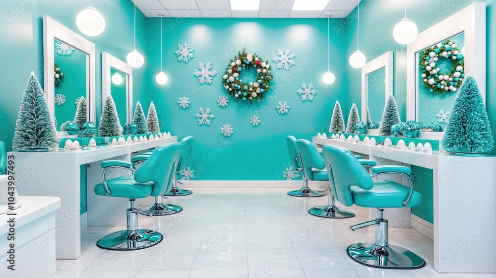Turquoise beauty salon decorated for Christmas with wreaths, snowflakes, and miniature holiday trees