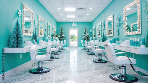 Modern hair salon decorated for Christmas with festive trees and lights, turquoise interior
