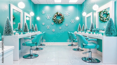 Obraz na płótnie Turquoise beauty salon decorated for Christmas with wreaths, snowflakes, and miniature holiday trees
w salonie
