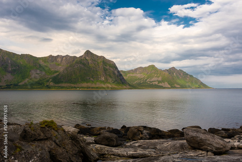 The Tungeneset (Devil's Teeth), mountains over the ocean in Senja Island,  Norway photo