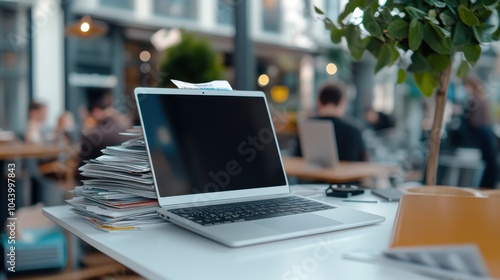 A laptop rests on a desk cluttered with a large stack of papers, set in a vibrant outdoor cafe, capturing the essence of multitasking in a modern workspace.