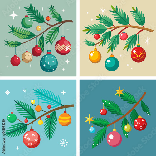 branch of Christmas tree, decorated with ornaments, baubles, festive, holiday spirit, green pine needles, colorful decorations, shiny balls, winter theme, seasonal, cozy atmosphere, joyful, tinsel, 