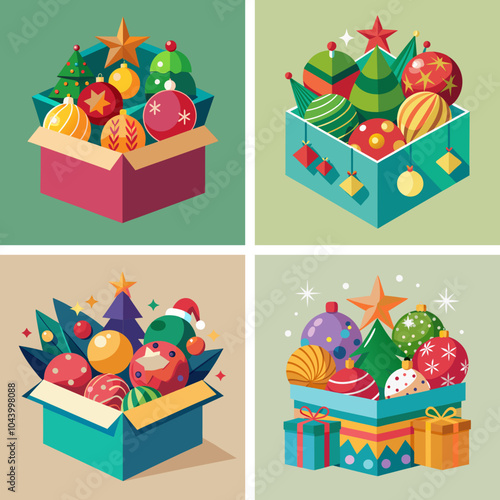 box of Christmas decorations, ornaments, Christmas balls, festive, holiday decor, colorful baubles, tree ornaments, seasonal, red, gold, silver, green, shiny, gift box, cheerful, winter celebration, 