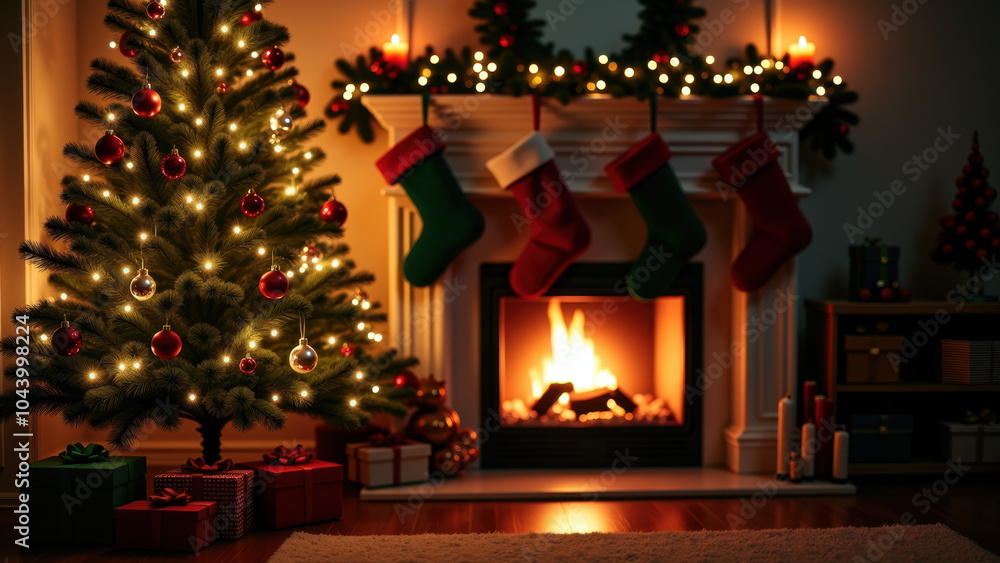 Fototapeta premium Cozy Christmas scene with a decorated tree, stockings by the fireplace, and wrapped gifts, creating a warm holiday atmosphere.