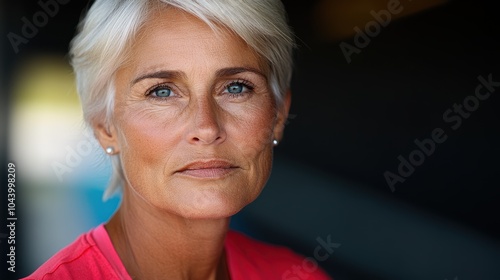 A senior woman with short blonde hair and piercing blue eyes gazes confidently at the camera, symbolizing wisdom and grace in an outdoor setting filled with light.