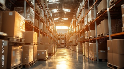 Warehouse interior with stacked boxes and sunset lighting.