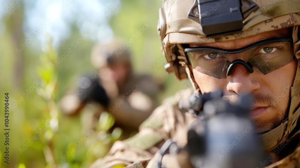 A pair of soldiers, heavily clad in camouflage and eyewear, poised with rifles in a forest setting, displaying readiness, teamwork, and strategic planning. A pair of soldiers, heavily clad in camouflage and eyewear, poised with rifles in a forest setting, displaying readiness, teamwork, and strategic planning.
