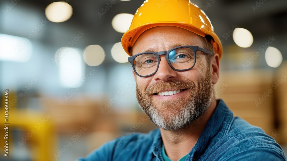 A joyful craftsman wearing glasses and a hard hat in an industrial setting, surrounded by machinery and lumber, signifies safety, precision, and modern industry. A joyful craftsman wearing glasses and a hard hat in an industrial setting, surrounded by machinery and lumber, signifies safety, precision, and modern industry.