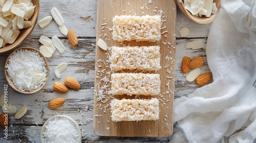 Rice Krispies Treats with coconut and almonds, placed on a light wooden board, surrounded by shredded coconut and almond slivers photo