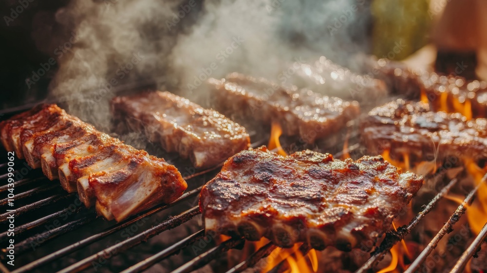 Delicious Grilled Ribs on Barbecue with Smoke Delicious Grilled Ribs on Barbecue with Smoke