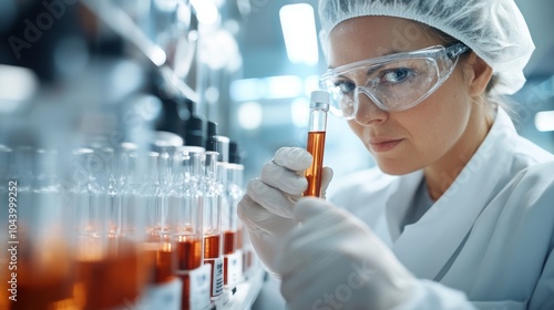 A female scientist in safety gear precisely examines a test tube in a bright laboratory, highlighting attention to detail and dedication to scientific advancement.