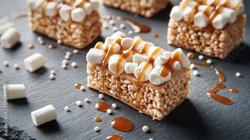 Rice Krispies Treats with marshmallow cream swirl, isolated on a gray slate surface, decorated with mini marshmallows and caramel drizzle