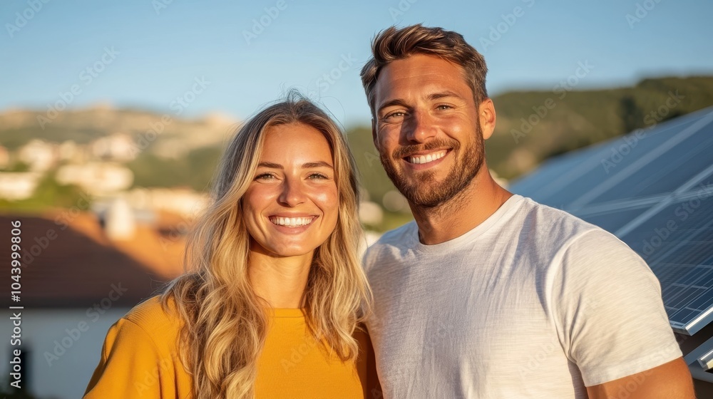 A cheerful couple poses together in a sunlit scenic location with mountains in the background, exuding warmth, happiness, and a sense of togetherness. A cheerful couple poses together in a sunlit scenic location with mountains in the background, exuding warmth, happiness, and a sense of togetherness.