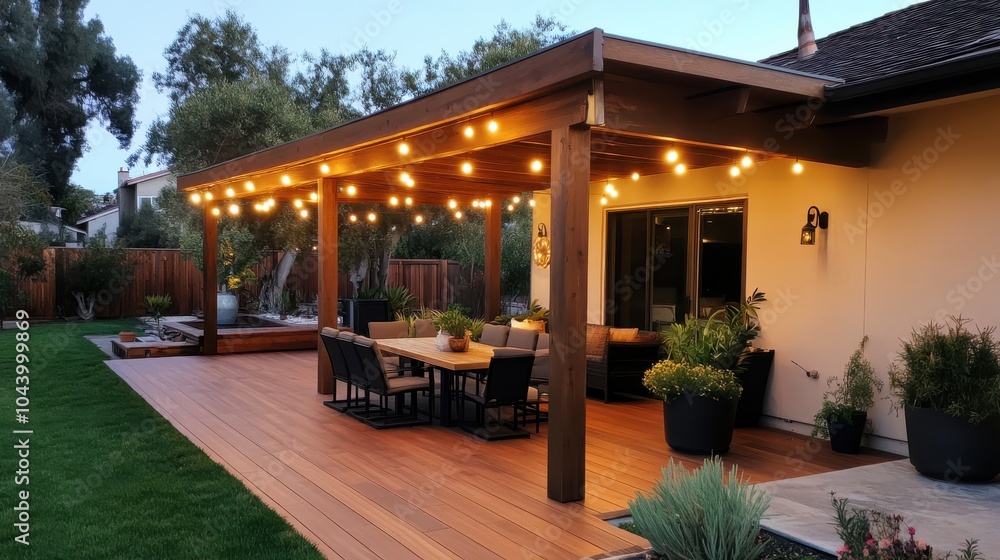 A cozy backyard patio adorned with inviting string lights, wooden furniture, and lush greenery radiates warmth and relaxation in the tranquil evening ambiance. A cozy backyard patio adorned with inviting string lights, wooden furniture, and lush greenery radiates warmth and relaxation in the tranquil evening ambiance.