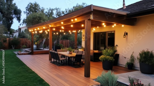 A cozy backyard patio adorned with inviting string lights, wooden furniture, and lush greenery radiates warmth and relaxation in the tranquil evening ambiance.