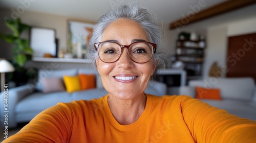 An elderly woman wearing glasses joyfully takes a selfie in her living room, showcasing delight and contentment in a bright, warmly-decorated domestic space.