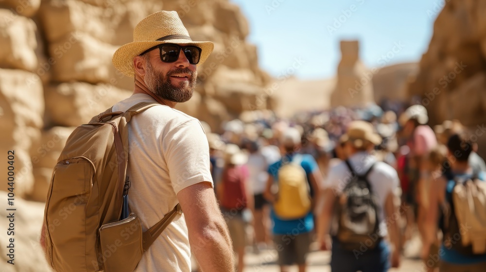 A man, adorned with a hat and backpack, navigates a bustling crowd in a sunlit desert landscape, capturing the essence of adventure and exploration in nature. A man, adorned with a hat and backpack, navigates a bustling crowd in a sunlit desert landscape, capturing the essence of adventure and exploration in nature.