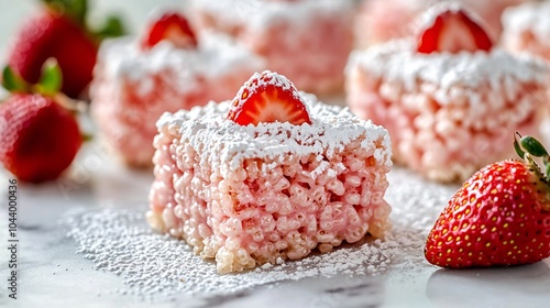 Strawberry-flavored Rice Krispies Treats, isolated on a white marble surface, decorated with fresh strawberries and a light dusting of powdered sugar photo