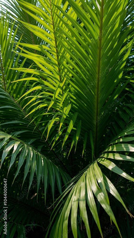 Vibrant tropical palm leaves creating a lush canopy in soft sunlight Vibrant tropical palm leaves creating a lush canopy in soft sunlight