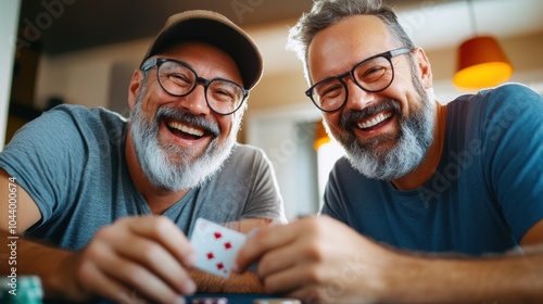 Bearded men with glasses are joyously playing a poker game while sitting together in a well-lit and relaxed setting, exemplifying warmth and brotherly bonds.
