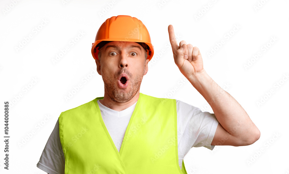Great Idea. Builder Worker Pointing Finger Up Having Eureka Moment Planning Project Standing On White Studio Background, Looking At Camera. Building Ideas, Plans And Solutions Concept Great Idea. Builder Worker Pointing Finger Up Having Eureka Moment Planning Project Standing On White Studio Background, Looking At Camera. Building Ideas, Plans And Solutions Concept