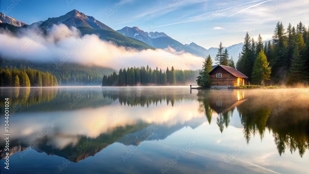 Fototapeta premium Scenic lake with mountain reflection and cabin in misty morning