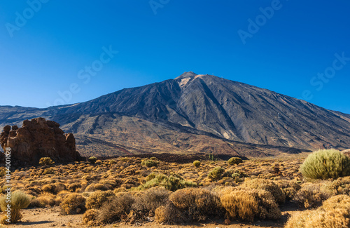 Mount (volcano) Teide rises majestically above the arid landscape of Teide National Park in Tenerife, Canary islands, Spain showcasing a volcanic backdrop under clear blue skies