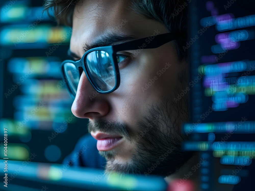 Cyber security coder with glasses developing software focused on programming data in eye reflection Cyber security coder with glasses developing software focused on programming data in eye reflection