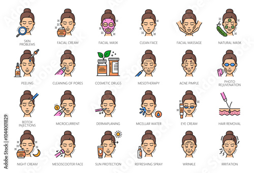 Skincare, face care, cosmetology and mesotherapy color line icons, vector skin beauty treatments and dermatology cosmetics. Facial mask, anti acne, wrinkle and eye cream, beauty therapy injections