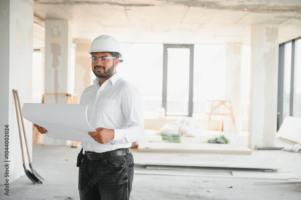 Construction concept. Portrait of a young architect at a construction site Construction concept. Portrait of a young architect at a construction site