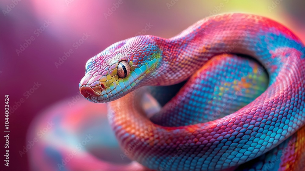 Fototapeta premium Pink blue snake close up view