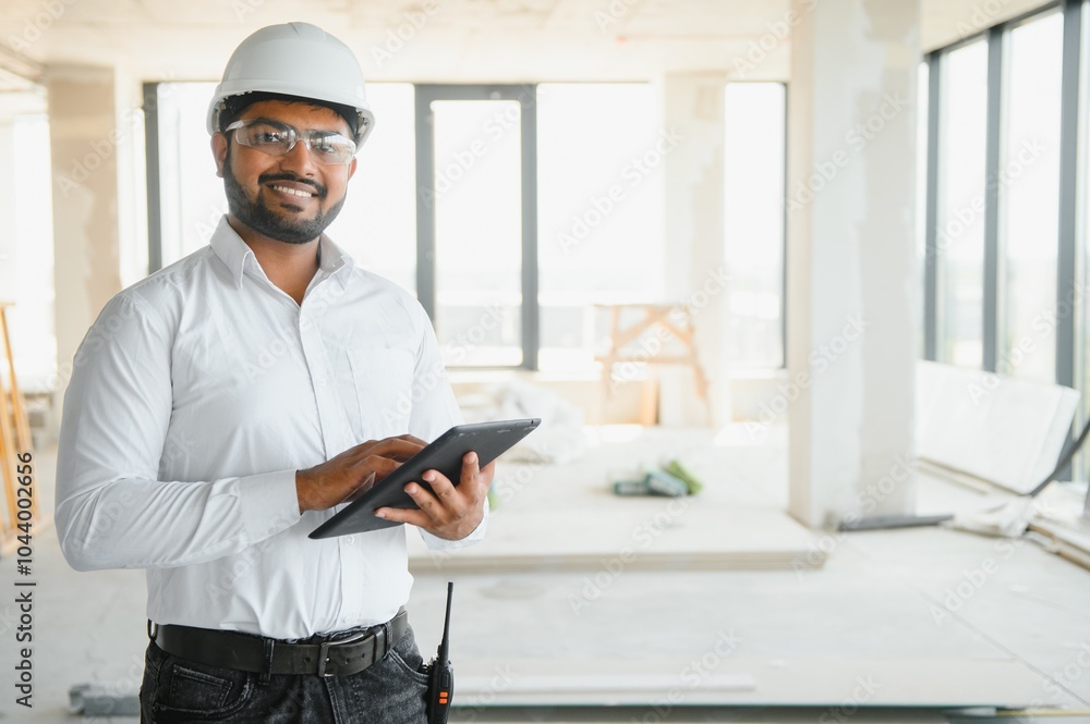 Male architect in hard hat at construction site Male architect in hard hat at construction site