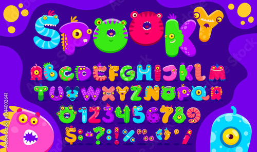 Cartoon monster font, funny scarecrow type, bugaboo typeface, bogle alphabet vector typography. Cute letters and numbers font with Halloween alien, fantasy dragon animal and germ monster characters