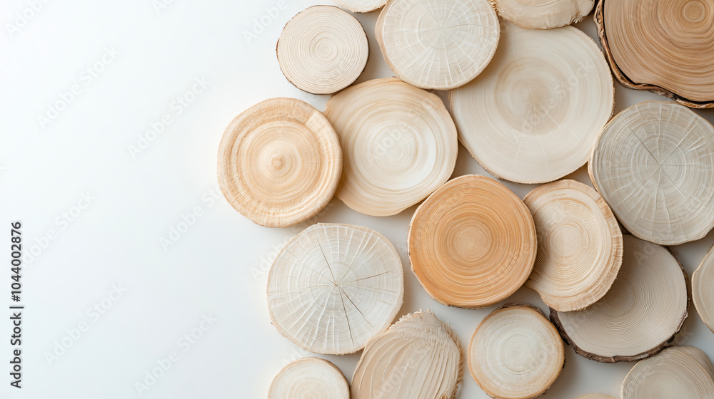 Obraz premium Minimalist flat lay of bamboo slices arranged symmetrically, showcasing natural wood textures and colors. This composition evokes sense of calm and simplicity