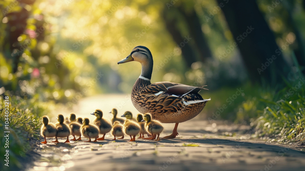 A mother duck leading her ducklings along a sunny pathway A mother duck leading her ducklings along a sunny pathway