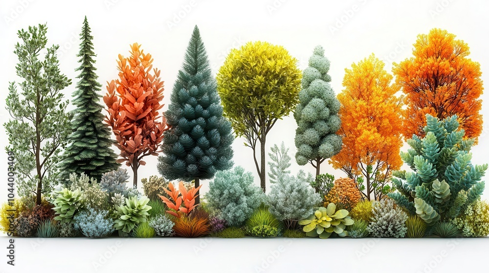 whimsical collection of vibrant 3d cartoon bush trees showcasing a variety of shapes and sizes isolated on a clean white background inviting and playful atmosphere suited for childrens themes whimsical collection of vibrant 3d cartoon bush trees showcasing a variety of shapes and sizes isolated on a clean white background inviting and playful atmosphere suited for childrens themes